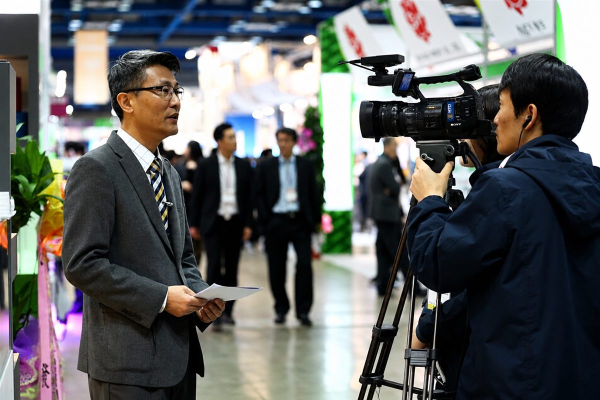 J.B. Lee speaking on camera at an international industry exhibition