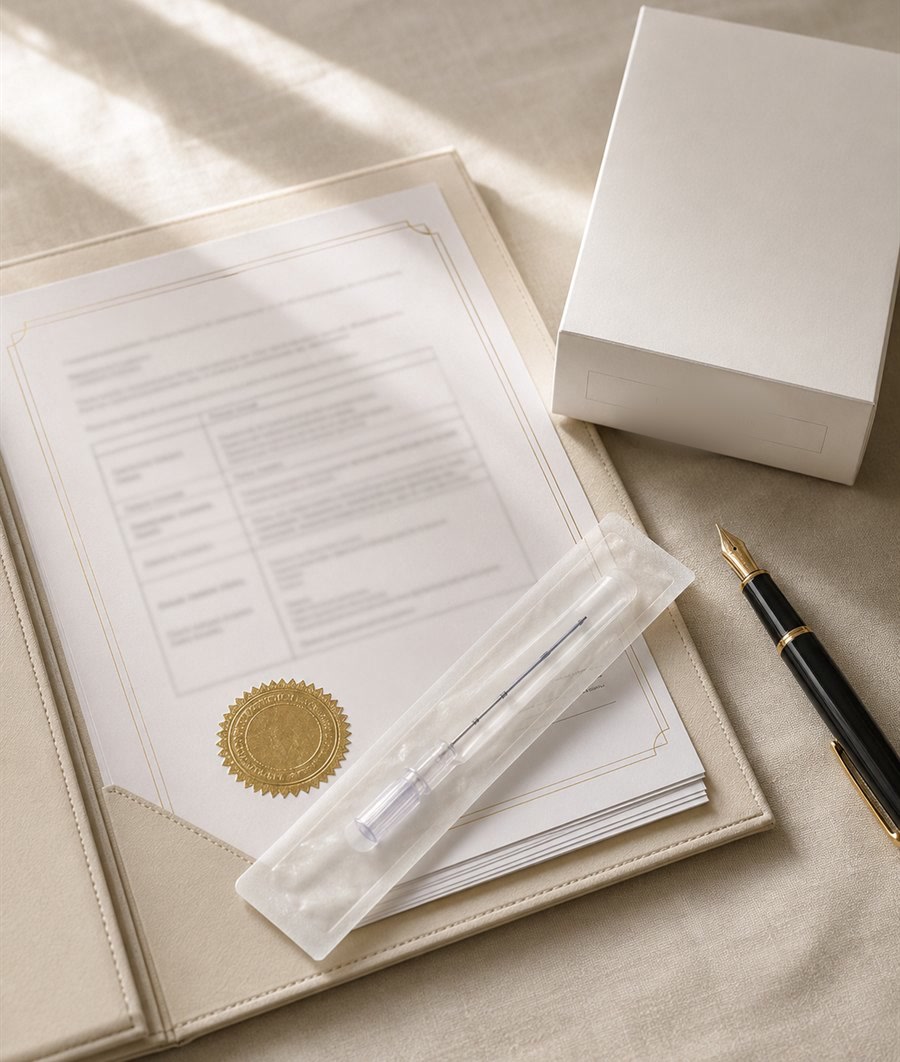 A certification dossier with a gold seal, a sterile-pouched absorbable thread and an unbranded product box